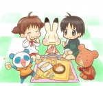 anthro blush chibi female food group male picnic toony vertical_bar_eyes young zwjn1c animal_yokocho ami_matsuzaki issa iyo kenta_(animal_yokocho) kumiko_takeda bear giant_panda human lagomorph leporid mammal rabbit source_request