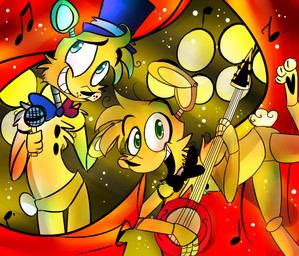 anthro banjo_(instrument) blue_eyes bow_(feature) bow_tie button_(fastener) clothing duo electronics fur green_eyes hat headgear headwear machine microphone music musical_instrument plucked_string_instrument string_instrument top_hat caramelcraze five_nights_at_freddy's five_nights_at_freddy's_3 scottgames fredbear_(fnaf) spring_bonnie_(fnaf) animatronic bear lagomorph leporid mammal rabbit robot robot_anthro