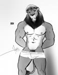 anthro bulge clothing male muscular muscular_anthro muscular_male simple_background solo underwear white_background bgn byron_(bgn) felid lion mammal pantherine 2018 greyscale hi_res monochrome