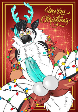 anthro antlers anus balls erection genitals holidays horn humanoid_genitalia humanoid_penis lights looking_at_viewer male nude penis spread_legs spreading bonus christmas canid canine canis deer domestic_dog mammal hi_res
