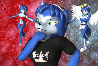 3_toes accessory anthro black_clothing black_nose black_shirt black_topwear blue_body blue_fur blue_hair claws clothing feathered_wings feathers feet female fur green_eyes group hair hair_accessory hairband halo horn melee_weapon polearm red_background shirt shoulder_angel shoulder_devil simple_background spade_tail square_crossover tail thinking toe_claws toes topwear trident trio weapon white_background wings daymond42 charleyfox_(modeler) nintendo star_fox krystal_(charleyfox) krystal_(star_fox) canid canine fox mammal 2008 3d_(artwork) digital_media_(artwork)