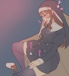 2022 brown_hair clothed clothing digital_media_(artwork) female hair hi_res human human_only legwear mammal not_furry nun semiitu sleeping solo sound_effects spilled_drink vowelless vowelless_sound_effect zzz