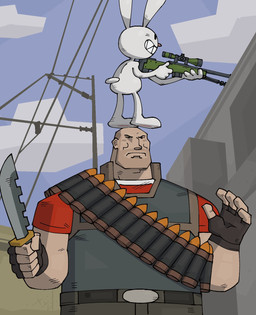 anthro bandolier building carrying_another cartoon_physics clothed clothing day detailed_background duo fingerless_gloves fur gloves gun handwear holding_gun holding_knife holding_object holding_ranged_weapon holding_rifle holding_weapon knife male melee_weapon nude on_head outside overpass_(counter-strike) physics ranged_weapon rifle sharp_teeth size_difference smile sniper_rifle standing teeth weapon white_body white_fur thef1amethr0wer counter-strike sam_and_max team_fortress_2 valve heavy_(team_fortress_2) max_(sam_and_max) human lagomorph leporid mammal rabbit crossover hi_res