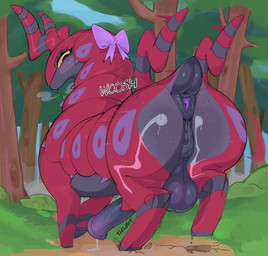 animal_genitalia animal_penis animal_vulva anus balls big_balls big_butt bodily_fluids bow_ribbon butt equine_genitalia equine_penis equine_vulva erection feral forest genitals herm herm_feral horn intersex intersex_feral penis plant presenting presenting_hindquarters puffy_anus rear_focus red_body shaking_butt short_tail solo sweat tail tail_anus three-quarter_view tree vulva magnetstuff nintendo pokemon arthropod generation_5_pokemon pokemon_(species) scolipede absurd_res hi_res