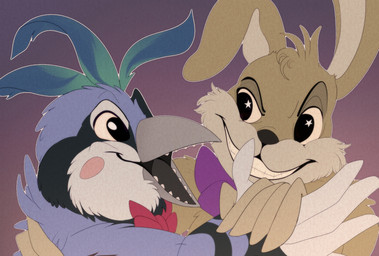 anthro beak black_body blue_body bow_tie cheek_tuft duo facial_tuft floppy_ears fur glistening glistening_eyes grey_beak grin head_feathers head_tuft long_ears male simple_background smile tan_body tan_fur tuft unsigned white_body santanahoffman avian bird galliform lagomorph leporid mammal peafowl phasianid rabbit hi_res
