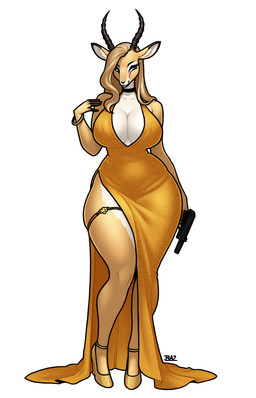 2_horns anthro big_breasts biped blonde_hair blue_eyes bracelet breasts choker cleavage clothed clothing curvy_figure dress female footwear front_view gun hair handgun high_heels holding_gun holding_handgun holding_object holding_pistol holding_ranged_weapon holding_weapon horn huge_breasts jewelry long_horn necklace pistol ranged_weapon shoes solo standing thick_thighs weapon wide_hips yellow_clothing yellow_dress blazbaros antelope bovid gazelle mammal 2025 9:14 hi_res