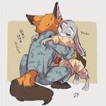 anthro barefoot bodily_fluids brown_body brown_fur clothed clothing duo eyes_closed feet fully_clothed fur grey_body grey_fur orange_body orange_fur pajamas sleeping sound_effects sweat sweatdrop vowelless vowelless_sound_effect zzz kabe2mugi disney zootopia judy_hopps nick_wilde canid canine fox lagomorph leporid mammal rabbit red_fox true_fox 1:1 2020 hi_res