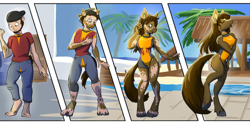 anthro breast_growth breasts brown_body brown_fur brown_hair clothed clothing facial_hair female forced forced_transformation fur gender_transformation growth hair hair_growth hooves house_background human_to_anthro long_hair male medium_breasts mtf_transformation one-piece_swimsuit poolside reality_shift solo species_transformation surprised swimwear tail tail_growth transformation transformation_sequence yellow_eyes schmen equid equine horse human mammal colored comic digital_media_(artwork) hi_res sequence