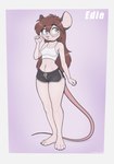 4_toes barefoot blush bottomwear brown_hair choker claws clothing dolphin_shorts ear_piercing ear_ring eyewear feet female finger_claws glasses green_eyes hair jewelry long_hair midriff navel necklace nipple_outline paws piercing plantigrade ring_piercing shirt shorts smile solo standing tail tank_top toe_claws toes topwear conditional_dnp tuftbox edie_(tuftbox) house_mouse mammal mouse murid murine rodent absurd_res digital_media_(artwork) hi_res