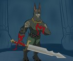 canid canine clothing dark_body dark_fur darknut fur hi_res holding_object mammal melee_weapon nintendo red_eyes red_ribbon sketch spazlovesdew sword the_legend_of_zelda video_games weapon wind_waker