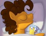 1trick 2017 bed bedding big_eyes bird's-eye_view blanket brown_hair cheese_sandwich_(mlp) curled_hair earth_pony equid equine eyes_closed friendship_is_magic fur furniture hair hasbro high-angle_view horse lying male mammal my_little_pony on_bed on_side open_mouth orange_body orange_fur pillow plushie pony sleeping solo toony under_covers
