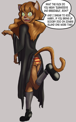 adolescent angry annoyed anthro bangs black_claws black_clothing black_eyebrows black_footwear black_robe black_shoes black_text bottomwear brown_body brown_ears brown_fur brown_hair brown_tail butt butt_cleavage claws clothed clothed_anthro clothed_female clothing dialogue eyebrows fangs female female_anthro finger_claws fingers footwear fur green_eyes grey_background grey_bottomwear grey_clothing grey_footwear grey_inner_ear grey_skirt grey_socks gryffindor hair head_turned hogwarts_uniform long_hair long_sleeves looking_at_viewer looking_back looking_back_at_viewer multicolored_clothing multicolored_panties multicolored_underwear on_one_leg open_mouth panties pattern_bottomwear pattern_clothing pattern_panties pattern_underwear pink_nose pink_tongue pleated_skirt profanity pupils rear_view red_clothing red_panties red_underwear robe school_uniform shoe_soles shoes simple_background skirt slit_pupils socks solo speech_bubble standing striped_bottomwear striped_clothing striped_panties striped_underwear stripes tail tail_under_skirt tail_upskirt talking_to_another teeth text tongue two_tone_clothing two_tone_panties two_tone_underwear underwear uniform upskirt whiskers white_whiskers yellow_clothing yellow_panties yellow_underwear young young_anthro young_female third-party_edit travis-t harry_potter_(series) hermione_granger domestic_cat felid feline felis mammal 2021 english_text hi_res