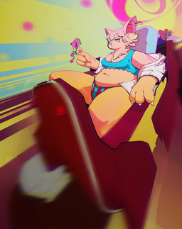 anthro belly big_belly bra claws clothed clothing duo female jacket motion_blur navel open_clothing open_jacket open_topwear overweight overweight_female pattern_clothing pattern_underwear paws sitting solo_focus striped_clothing striped_underwear stripes thick_thighs topwear underwear rosiamn background_character epidriph_(rosiamn) pquen_(rosiamn) bat mammal absurd_res cel_shading hi_res shaded