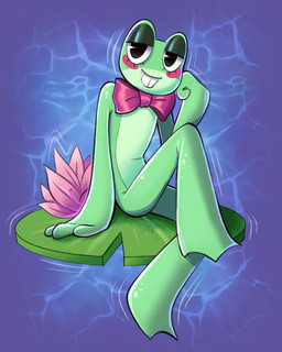 anthro blush bow_tie caustics countershade_face countershade_torso countershading feet female flower glistening_eyelids green_body lily_(flower) lily_pad membrane_(anatomy) plant ripples smile solo teeth_showing toes water webbed_feet noble-crimson glitch_productions the_amazing_digital_circus ribbit_(tadc) amphibian frog 4:5 hi_res