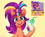 alternate_hairstyle bendy_straw beverage blue_eyes container cup drinking_glass drinking_straw eyebrows female food fruit glass glass_container glass_cup glass_tumbler hooves leg_markings lime looking_at_viewer markings open_mouth open_smile plant screencap smile socks_(marking) solo tumbler skysorbett hasbro mlp_g5 my_little_pony sunny_starscout_(mlp) earth_pony equid equine horse mammal pony hi_res