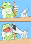 anthro bite blush dessert duo food fur green_body heart_symbol humor ice_cream ice_cream_cone jerk male white_body white_fur panda_po amphibian canid canine canis domestic_dog frog mammal comic hi_res