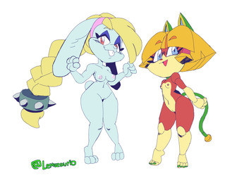 anthro areola blonde_hair blue_eyes braided_hair breasts brown_body brown_fur buckteeth cybernetics duo eyelashes female floppy_ears front_view fur genitals grey_body grey_fur hair looking_at_viewer lop_ears machine navel nipples nude pink_areola pink_nipples red_eyes red_nose simple_background small_breasts smile tan_body tan_fur teeth thick_thighs vulva white_background wide_hips oiruazumel mario_bros nintendo samurai_pizza_cats super_mario_odyssey broodal francine_manx hariet_(mario) cyborg domestic_cat felid feline felis lagomorph leporid mammal rabbit hi_res