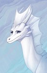 ambiguous_gender blue_eyes feral frill_(anatomy) glistening glistening_eyes head_crest head_frill horn long_neck monotone_body monotone_scales mouth_closed pupils scales side_view simple_background slit_pupils solo white_body white_frill white_horn white_scales kolaa mythology dragon mythological_creature mythological_scalie scalie artist_name hi_res