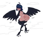 ahoge avian_feet band-aid band-aid_on_face band-aid_on_nose bandage bandage_on_face bandage_on_nose big_butt black_body black_feathers blue_hair blush bodily_fluids body_blush breasts butt butt_blush claws cloud dark_body dark_skin feathered_wings feathers female flying hair hair_over_eyes looking_at_viewer looking_back looking_back_at_viewer nude presenting presenting_hindquarters rear_view short_hair simple_background smile solo sweat sweatdrop thick_thighs white_background wide_hips winged_arms wings mhdrawin european_mythology greek_mythology mythology avian harpy humanoid mythological_avian mythological_creature winged_humanoid 2024 hi_res