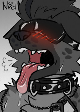 anthro blindfold blush blush_lines bodily_fluids chest_tuft collar dog_tags dripping drooling fur male markings open_mouth saliva saliva_drip saliva_on_tongue sharp_teeth solo spots spotted_body spotted_fur teeth tongue tongue_out tuft wearing_collar nordicecream spot_(sp0t) hyena mammal spotted_hyena 2025 digital_drawing_(artwork) digital_media_(artwork) headshot_portrait hi_res portrait