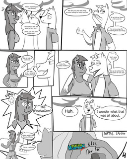 anthro cave cloud dialogue duo female hand_over_shoulder idea idea_bulb male plant simple_background text tree walking_away white_background baristagamerproductions alfonso_(gem_hunters) phoebe_(gem_hunters) canid canine canis dingo felid feline mammal 4:5 absurd_res comic english_text hi_res monochrome