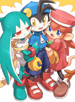 abstract_background anthro black_body black_fur blue_clothing blue_eyes blue_shirt blue_topwear bottomwear clothing female footwear fur gloves green_body green_fur group handwear high-angle_view holding_arm kemono male open_mouth pouting red_clothing red_eyes red_footwear red_shoes red_sneakers shirt shoes shorts sneakers topwear trio yellow_clothing yellow_eyes yellow_gloves yellow_handwear young young_anthro young_male amber_graygamma bandai_namco klonoa_(series) king_of_sorrow klonoa lolo_(klonoa) 2023 hi_res japanese_description