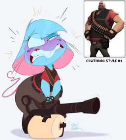 anthro bangs big_ears blue_body blue_eyes blue_fur bodily_fluids buckteeth butt clothing cosplay female freckles fur gatling_gun gun hair machine_gun minigun ranged_weapon solo struggling_to_lift sweat sweatdrop tail teeth text thick_thighs translucent translucent_hair uniform weapon whiskers wide_hips silentjack team_fortress_2 valve valve_corporation heavy_(team_fortress_2) mia_mouse mammal mouse murid murine rodent english_text reference_image signature