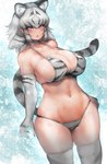 :o animal_print armwear big_breasts bikini black_highlights blue_eyes blush breasts cleavage clothed clothing cute_fangs elbow_gloves female gloves hair handwear highlights_(coloring) inner_ear_fluff legwear markings navel open_mouth solo striped_markings striped_tail stripes swimwear tail tail_markings thigh_highs tiger_print tuft two-piece_swimsuit white_hair white_tiger_print shibori_kasu kemono_friends white_tiger_(kemono_friends) animal_humanoid felid felid_humanoid humanoid mammal mammal_humanoid pantherine pantherine_humanoid tiger_humanoid hi_res