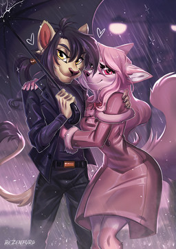 5_fingers anthro breasts clothed clothing detailed_background duo eyebrows eyelashes female fingers hair looking_at_viewer night outside pink_hair raining smile yellow_eyes tlt_echelon felid lion mammal pantherine 2023 digital_media_(artwork) hi_res