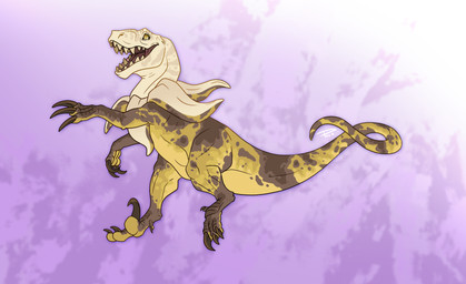 ambiguous_gender big_claws big_teeth brown_claws brown_markings claws feral food looking_back markings multicolored_body open_mouth solo spots spotted_body striped_markings stripes tail yellow_body yellow_eyes puco2000 dinosaur food_creature prehistoric_species reptile scalie absurd_res colored digital_drawing_(artwork) digital_media_(artwork) flat_colors hi_res