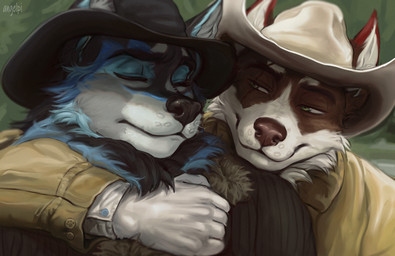 anthro arm_around_shoulders blue_body blue_fur brown_body brown_fur character_insert clothed clothed_anthro clothed_male clothing cowboy cowboy_hat day duo eye_scar eyes_closed facial_scar fur half-closed_eyes hat headgear headwear hug hugging_another hugging_from_behind jacket male male/male movie_reference narrowed_eyes outside scar text topwear white_body white_fur angelpi brokeback_mountain axel_(axelhowl) canid canine canis domestic_dog mammal wolf artist_name hi_res