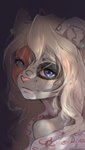 anthro blind_eye blue_eyes clothed clothing ear_piercing eyebrows female fur grey_body grey_eyebrows grey_fur hair heterochromia looking_at_viewer multicolored_body multicolored_fur piercing pink_nose shirt solo topwear white_hair welive freckles_(nukepone) felid mammal