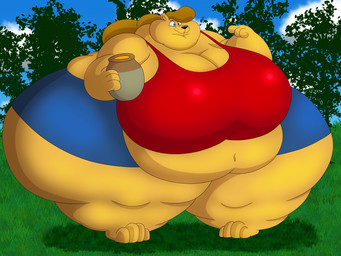 4_fingers 4_toes ambiguous_gender anthro arms_bent barefoot belly big_belly big_breasts black_nose black_stripes blue_bottomwear blue_clothing blue_shorts blue_sky blue_wings bottomwear breasts brown_hair chubby_cheeks cleavage clothed clothed_anthro clothed_female clothing cloud crop_top crossgender day dot_eyes double_chin eyelashes fat_arms feet female female_anthro feral fingers food fully_clothed fully_clothed_anthro fully_clothed_female fur grass hair holding_pot honey_(food) honey_pot huge_breasts huge_thighs hyper hyper_thighs insect_wings larger_anthro larger_female light long_hair midriff morbidly_obese morbidly_obese_anthro morbidly_obese_female mtf_crossgender navel obese obese_anthro obese_female outside overweight overweight_anthro overweight_female plant red_clothing red_crop_top red_shirt red_topwear shirt shorts simple_eyes size_difference sky smaller_ambiguous smaller_feral solo striped_body stripes thick_thighs toes topwear tree wings yellow_body yellow_fur bigwolf_(artist) disney winnie_the_pooh_(franchise) pooh_bear arthropod bear bee hymenopteran insect mammal 2025 4:3 absurd_res colored digital_drawing_(artwork) digital_media_(artwork) english_description hi_res lighting shaded