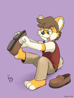 anthro brown_clothing brown_footwear brown_hair brown_shoes closed_smile clothing dressing_up eyewear footwear fur glasses glistening glistening_eyes green_eyes hair logo male mouth_closed purple_background shoes short_hair simple_background smile solo tail tongue tongue_out white_body white_fur white_tail yellow_body yellow_fur yellow_tail young young_anthro young_male pandapaco sammy_collins canid canine mammal artist_logo signature