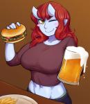 abs alcohol athletic athletic_female athletic_humanoid beer beverage big_breasts blue_body blue_skin blush blush_stickers breasts burger clothed clothing container cup eyebrow_through_hair eyebrows female food fries furniture hair holding_container holding_cup holding_food holding_object horn humanoid_pointy_ears looking_at_viewer midriff navel not_furry one_eye_closed plate pointy_ears red_hair simple_background smile solo table translucent translucent_hair wink yellow_eyes ittla asian_mythology east_asian_mythology japanese_mythology mythology aoi_(ittla) demon demon_humanoid horned_humanoid humanoid oni yokai hi_res