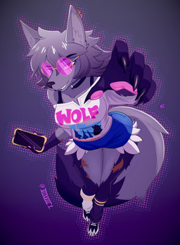 anthro big_breasts bottomwear breasts cellphone claws clothed clothed_anthro clothed_female clothing denim denim_bottomwear denim_clothing denim_shorts ear_piercing ear_ring electronics eyewear female finger_claws fingers fluffy fluffy_tail footwear fur glasses gradient_background grey_body grey_fur grey_hair hair high-angle_view holding_cellphone holding_object holding_phone holding_smartphone humanoid_hands inner_ear_fluff long_hair long_tail looking_at_viewer pawpads phone piercing pink_eyewear pink_glasses ring_piercing round_glasses shirt shoes shorts simple_background smartphone smile smirk smug solo tail text topwear tuft white_clothing white_shirt white_topwear seven_(artist) epic_games fortnite wolfie_(fortnite) canid canine canis mammal wolf absurd_res artist_name colored hi_res shaded signature