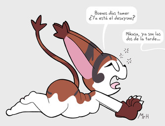 anthro belly big_belly big_butt brown_body brown_fur butt claws clothing dialogue eyelashes fangs feet female fur gloves handwear huge_butt open_mouth shortstack shortstack_female side_view slightly_chubby solo tail teeth text thick_thighs waking_up white_body white_fur mr_harinezumi bandai_namco digimon fan_character mikasa_(el_senor_erizo) digimon_(species) felid feline felis mammal mikemon digital_drawing_(artwork) digital_media_(artwork) hi_res spanish_text translated