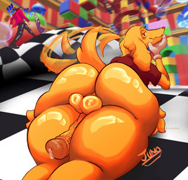 3d_background anthro backsack balls big_butt big_penis bodily_fluids bottomless bubble_butt butt checkered checkered_background chess_piece clothed clothing fur genital_fluids genitals gloves group handwear huge_butt jojo_pose looking_at_viewer looking_back lying male on_front pattern_background penis precum red_clothing red_shirt red_t-shirt red_topwear shirt simple_background smile smirk t-shirt tail tail_motion tailwag thick_thighs topwear trio white_clothing white_gloves white_handwear yellow_body yellow_fur junofreakyowl glitch_productions menacing_(meme) menacing_approach the_amazing_digital_circus caine_(tadc) kinger_(tadc) scratch_(tadc) bird_dog canid canine canis digital_creature domestic_dog humanoid hunting_dog labrador living_chess_piece mammal mouth_creature retriever 3d_(artwork) absurd_res digital_media_(artwork) hi_res meme mixed_media