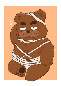 anthro blush brown_body brown_fur chibi clothing costume fur halloween_costume holidays kemono male mummy_costume mummy_wrappings overweight overweight_male simple_background sitting solo gensuke halloween kumalino sanrio roast_(kumalino) bear mammal 2023 absurd_res hi_res