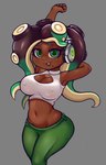 big_breasts breasts clothing electronics female grey_background headphones looking_at_viewer nipple_outline pseudo_hair shirt simple_background smile solo tank_top tentacle_hair tentacles topwear nebssik nintendo splatoon marina_(splatoon) cephalopod humanoid marine mollusk octarian octoling hi_res