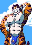 2020 abs anthro bulge clothing cloud eyes_closed felid hair hand_behind_head hand_on_hip jewelry kalendil male mammal muscular muscular_anthro muscular_male navel necklace nipples open_mouth outside pantherine pecs pendant sky skyscape smile solo speedo standing swimwear taoren teeth tiger