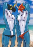 anthro armor beach clothing clothing_pull duo genitals hand_behind_head headgear helmet humanoid_genitalia humanoid_penis male male/male nipples outside penis slim summer suntan swimwear swimwear_pull tan_line thong underwear iudicium86 bandai_namco digimon digimon_(species) flamedramon raidramon hi_res