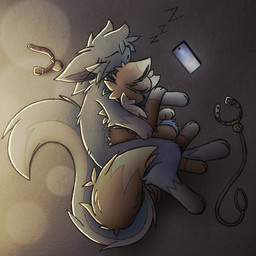 bell blue_body blue_fur brown_body brown_fur collar cuddling duo electronics feral fluffy fur leash long_tail paws phone sleeping sound_effects tail tuft vowelless vowelless_sound_effect zzz del_(artist) del_(delusional) hi_res