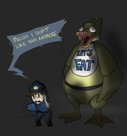 anthro beak blue_clothing blue_hat blue_headwear brown_hair cellphone clothed clothed_human clothing derp_eyes dialogue duo electronics female fully_clothed fully_clothed_human hair hat headgear headwear humor larger_anthro larger_female light machine male male_human map nightmare_fuel open_mouth phone size_difference smaller_human smaller_male smartphone tan_body tan_skin teeth text tongue yellow_body gaelfox five_nights_at_freddy's real_world rooster_teeth scottgames chica_(fnaf) gavin_free animatronic avian bird chicken galliform human mammal phasianid robot 2014 colored english_text lighting shaded
