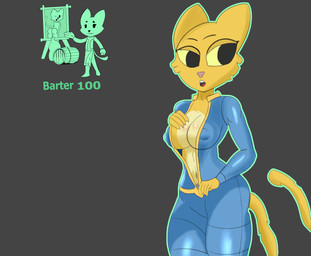 anthro breasts butt clothing female half-closed_eyes latex narrowed_eyes solo suit vault_suit aliv141 fallout microsoft prequel_adventure the_elder_scrolls katia_managan domestic_cat felid feline felis khajiit mammal hi_res