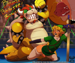 anal anal_penetration animal_genitalia anthro arm_grab arm_pull armwear ass_up blonde_hair blush bodily_fluids boots bottomwear bottomwear_down bracelet cheering clenched_teeth clothed clothing competition cum cum_in_ass cum_inside dominant duo elbow_gloves facial_hair fighting_ring fist_pump footwear forced from_behind_position genital_fluids genital_slit genitals gloves goatee hair handwear horn jewelry knee_boots knee_highs kneeling leapfrog_position legwear male male/male male_penetrated male_penetrating male_penetrating_male melee_weapon messy_hair pants pants_down partially_clothed penetration penile_spines penis prison_guard_position rape sex sexual_competition sexual_fight shell shirt shoes spiked_bracelet spikes submissive submissive_male sword teeth topwear tunic weapon conditional_dnp xnirox mario_bros nintendo the_legend_of_zelda bowser link humanoid hylian koopa scalie crossover