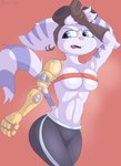 anthro athletic_wear bodily_fluids bottomwear breasts clothed clothing fangs female gym_bottomwear navel partially_clothed robotic_arm solo sweat sweaty_breasts teeth under_boob wide_hips mazilion ratchet_and_clank sony_corporation sony_interactive_entertainment rivet_(ratchet_and_clank) lombax mammal hi_res