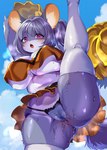 anthro big_breasts blush bodily_fluids bottomwear breasts camel_toe cheerleader clothing female flexible fur genital_fluids legwear one_leg_up panties presenting purple_body purple_fur raised_leg skirt solo splits spread_legs spreading standing thick_thighs thigh_highs underwear vaginal_fluids vertical_splits ruri_tsubame mammal