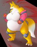 blood blue_eyes bodily_fluids breasts clothing crossgender featureless_breasts female fur genitals gloves handwear obese overweight overweight_female pussy white_body white_fur yellow_body yellow_fur 翌檜＠絶望間近 bloody_roar konami fox_(bloody_roar) hans_taubemann canid canine fox mammal 4:5