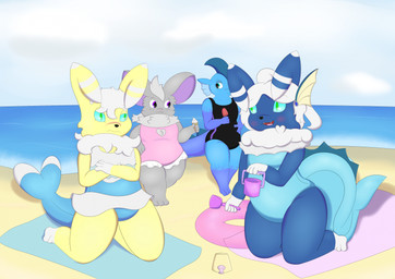 accessory anthro beach black_clothing blue_body blue_clothing blue_fur bucket clothed clothing container costume crossdressing crossed_arms dessert fangs femboy food fur furgonomics green_sclera group grumpy hair hair_accessory happy ice_cream inflatable inner_tube leg_markings male markings multicolored_body multicolored_fur one-piece_swimsuit pink_clothing pokemon_costume sand sand_castle sculpture sitting smile swimwear tail tail_clothing tail_sleeve teeth towel two_tone_body two_tone_fur water white_body white_fur white_hair white_paws yellow_body yellow_fur luckycaracalstudio nintendo pokemon ceasar_(luckycaracalstudio) animal_humanoid aquatic cat_humanoid felid felid_humanoid feline feline_humanoid generation_6_pokemon humanoid mammal mammal_humanoid meowstic mouse murid murine pokemon_(species) rodent shiny_pokemon hi_res
